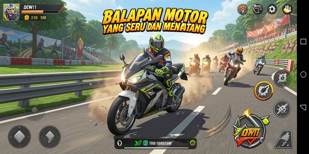Screenshot DEWI11 menampilkan balapan motor yang penuh aksi.