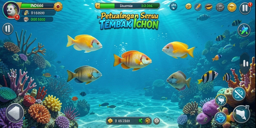 Screenshot gameplay IND666 yang menunjukkan aksi menembak ikan di lautan.