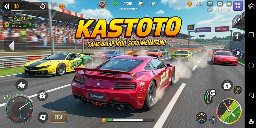 Tangkapan layar gameplay KASTOTO yang menunjukkan aksi balapan yang seru.