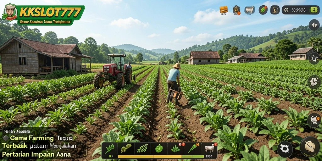 Screenshot gameplay KKSLOT777 menunjukkan aktivitas pertanian yang mengasyikkan.