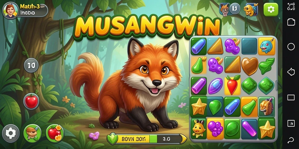 Screenshot menunjukkan gameplay seru dari MUSANGWIN dengan kombinasi Match-3.